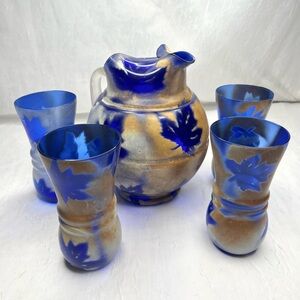 Vintage Weston Cobalt Blue Brown Leaf Glazed Pitcher Set Of 4 Glasses Hand Blown